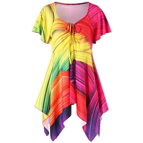 Wipalo Plus Size Empire Waist Rainbow Handkerchief T Shirt Women T