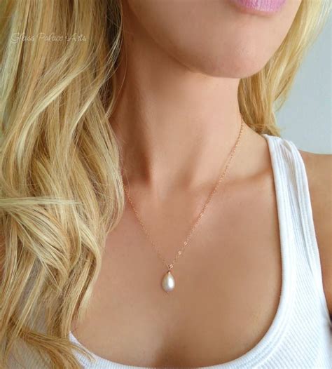 Pearl Teardrop Necklace Rose Gold Single Pearl Necklace Pendant Simple Freshwater Pearl Bridal