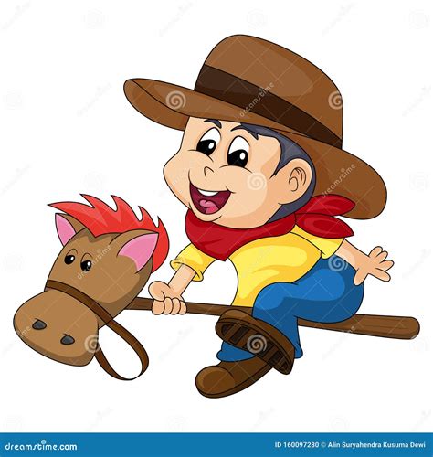 Boy Playing As A Cowboy With A Stick Horse Cartoon Vector Illustration