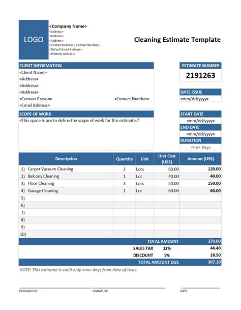 Cleaning Estimate Template Free
