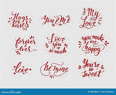 Hand Drawn Romantic Quote Set Handwritten With Brush Pen Stock Vector