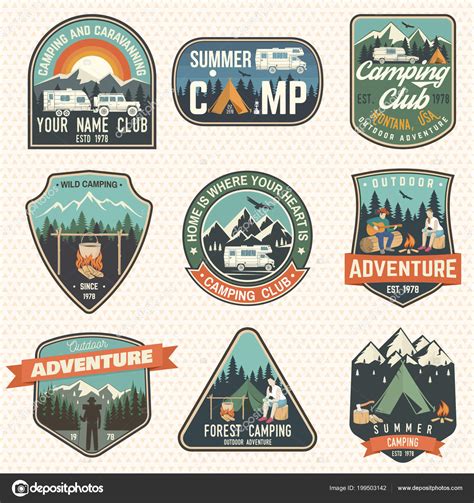 set of summer camp badges vector concept for shirt or logo print stamp patch or tee stock
