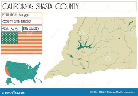 Detailed Map Of Shasta County In California Usa Stock Illustration