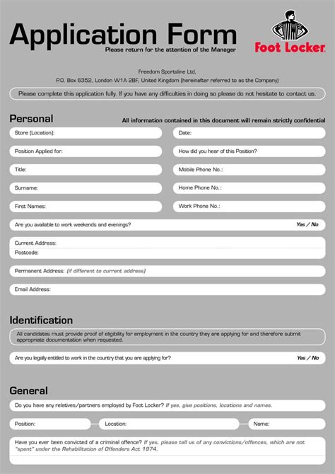 Modify the job application form template as needed with your logo and other brand identities like images, colors, fonts, themes and more. Footlocker | Job application form, Job application sample ...