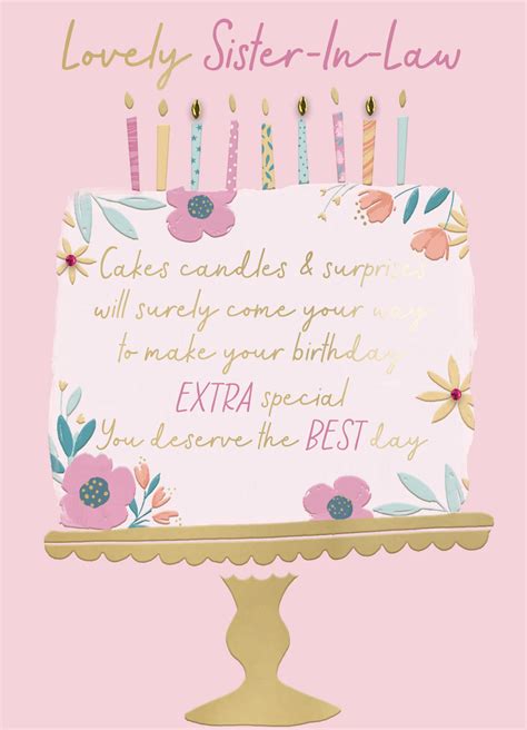 Sister In Law Cake And Candles Embellished Birthday Greeting Card Cards
