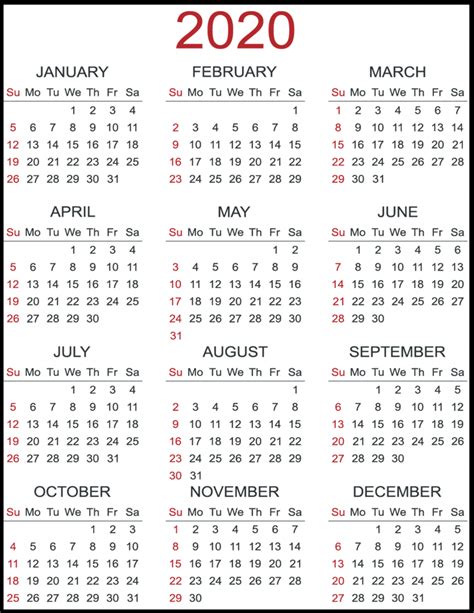 Cute Yearly 2020 Calendar Printable Free Printable Ca