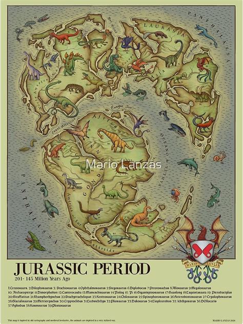 Jurassic Period Map Vintage Style Medieval Bestiary Poster For Sale