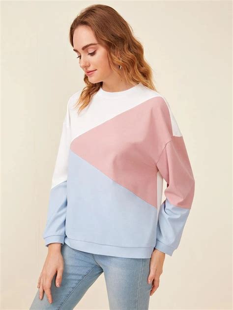 Pullover De Color Combinado De Hombros Caídos Shein Pullover Latest Sweatshirts Sweater Jacket