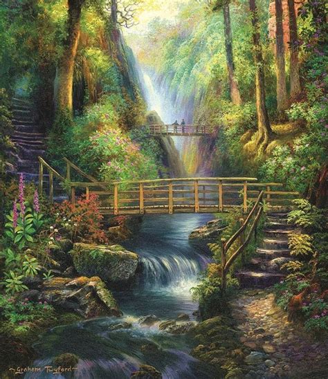 Forest Bridges Artist Unknown Fantasy Landscape Scenery Waterfall