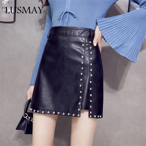 Pu Leather Mini Skirt Women 2018 New Arrival Fashion Autumn Winter High Waist Rivet Skirts