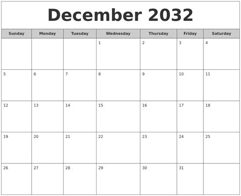 December 2032 Free Monthly Calendar