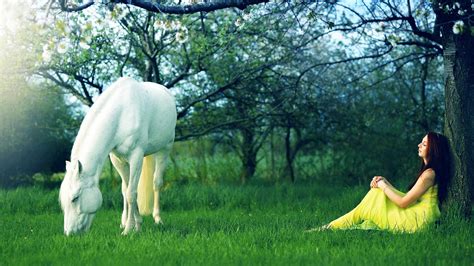 Wallpaper Women Brunette Horse Grass Yellow Dress Flower