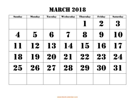 Free Download Printable March 2018 Calendar Large Font Design