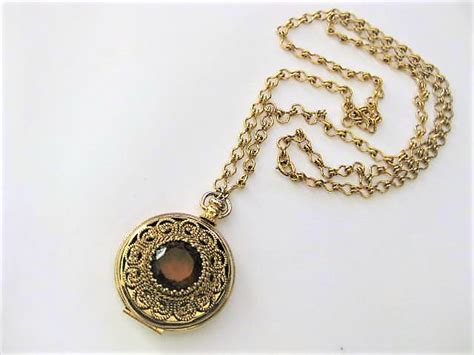 Gold Amber Locket Long Necklace By Avon
