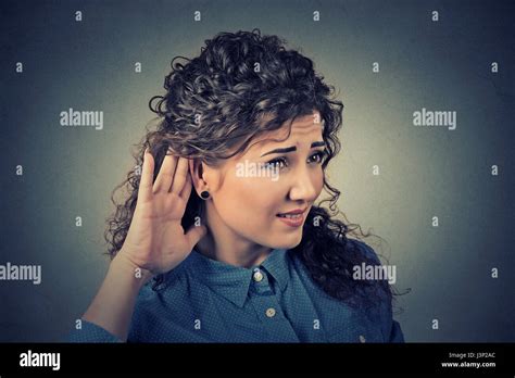 Closeup Portrait Young Nosy Woman Hand To Ear Gesture Carefully