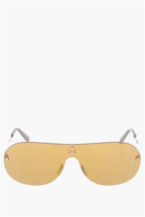 philipp plein mirrored shield target sunglasses with leather details unisex men women glamood