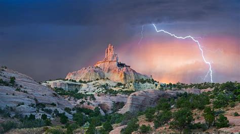 Lightning Strikes Near Rock Formation Church Rock Red Rock Park New
