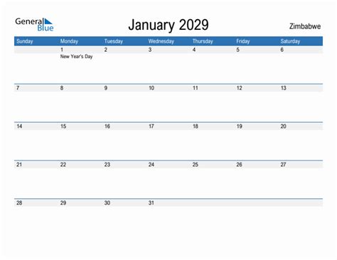 Editable January 2029 Calendar With Zimbabwe Holidays