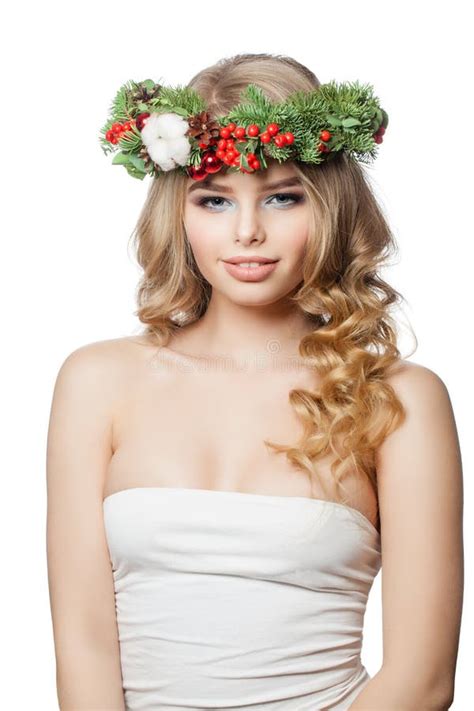 Pretty Woman In Christmas Fir Garland Isolated On White Stock Photo