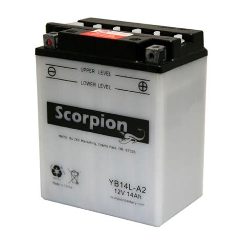 This durable 12 volt motorcycle battery is delivered charged and prepared for installation. YB14L-A2 Battery | Scorpion 12 Volt Motorcycle Batteries