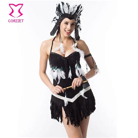 black flannel with white feather tassels sexy indian halloween costumes for women plus size