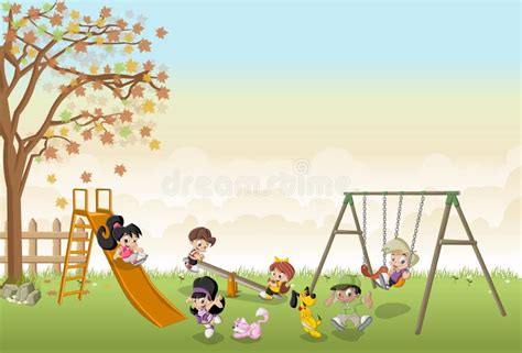 Cute Happy Cartoon Kids Playing In Playground Stock Vector