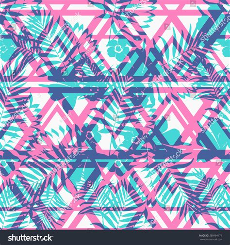Seamless Tropical Palm Leaf Pattern With Geometric Tribal Background