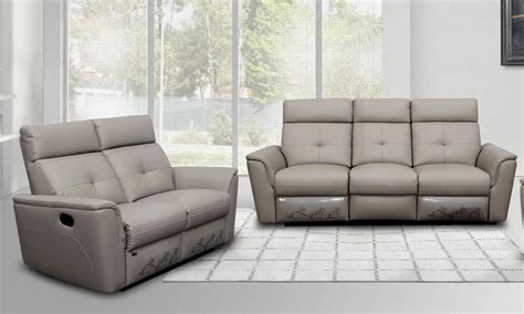 Contemporary Light Grey Italian Leather Recliner Sofa Set 2pcs Modern
