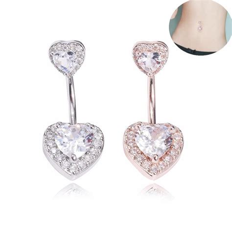 Double Heart With Zircon Piercing Jewelry Stones Belly Ring Navel Ring Belly Button Navel Rings