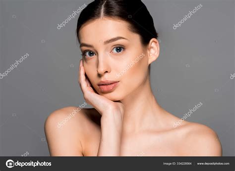 Beautiful Naked Woman Perfect Skin Isolated Grey Stock Photo