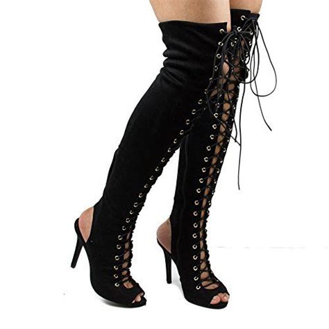 randi23 black thigh high peep toe lace up stiletto high heel booties8 learn more by visiting