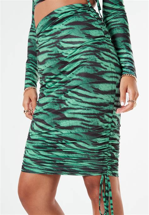 Lissy Roddy X Missguided Green Zebra Print Slinky Ruched Midaxi Skirt