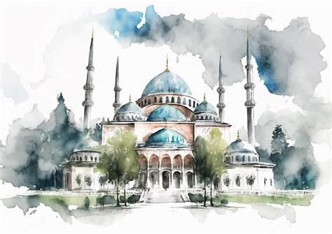Premium Vector Enchanting Sultan Ahmed Mosque Watercolor Illustration