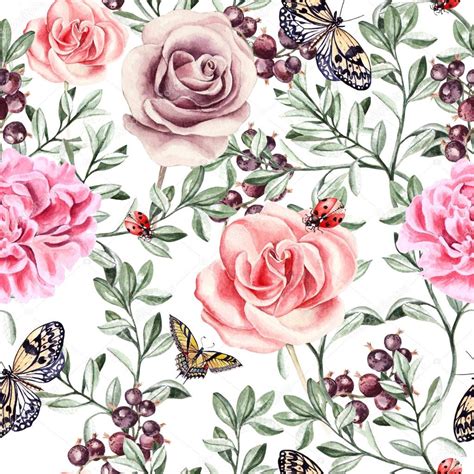 Pattern With Watercolor Realistic Rose Peonies