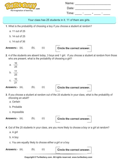 Learn with flashcards, games and more — for free. Probability on Number of Students Worksheet - Turtle Diary