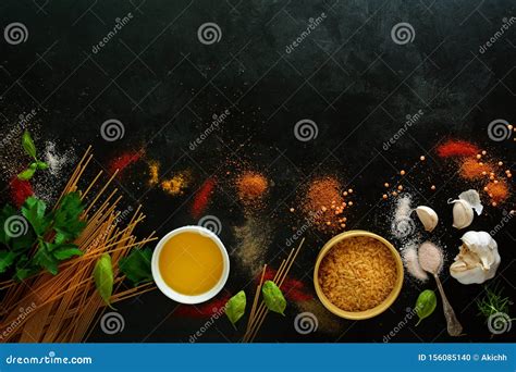 Various Foods Fresh Herbs And Spices On Black Background Cover Photo