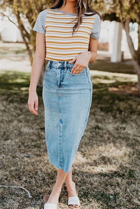 Midi Denim Skirt Casual Outfit Modest Outfits Casual Skirt Outfits