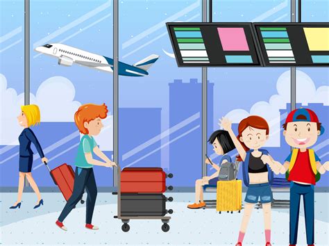 Tourists In Airport Terminal In Cartoon Style 6034139 Vector Art At