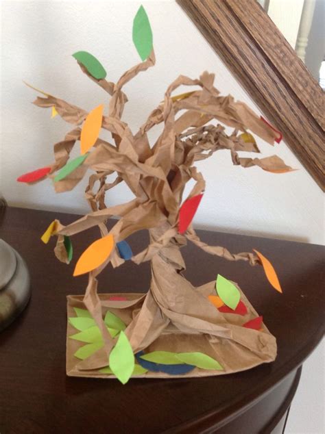 Fall Tree Made From Brown Paper Bag And Construction Leaves Craft