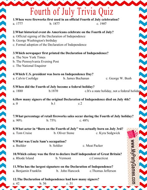 You're sure to have a ton of fun and learn something new answering this fourth of july trivia with fellow history buffs, your significant other, coworkers, family members, and friends! Free Printable USA Independence Day Trivia Quiz