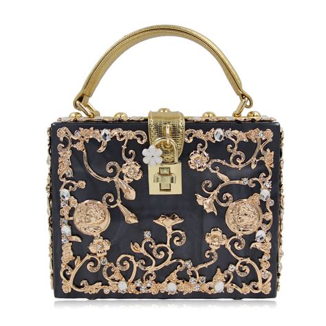 Luxury Box Shape Tote Women Handbag Brand Acrylic Pu Relief Black