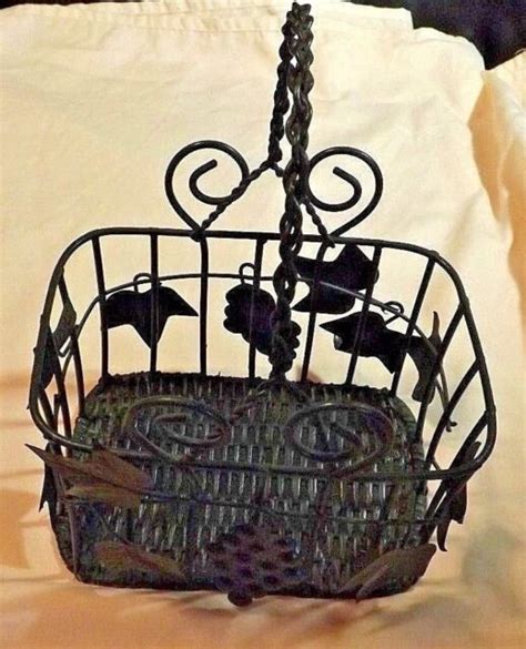 Green Metal Basket With Handle Featuring Leaves And Grapes 11 Tall By 8