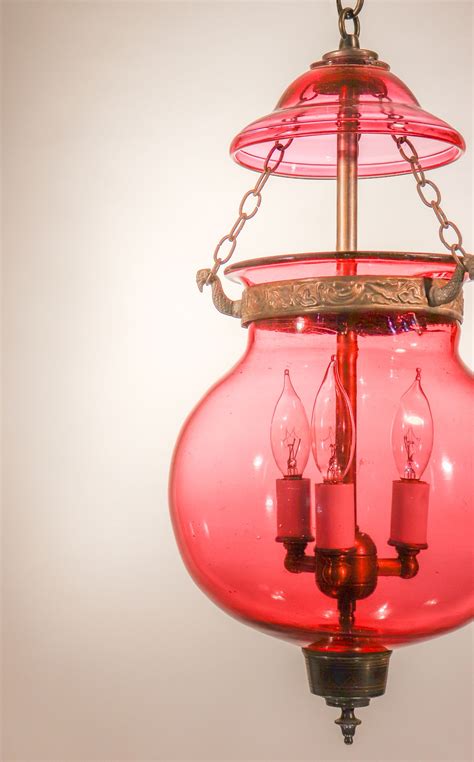 Antique Belgian Cranberry Glass Globe Bell Jar Lantern Pendant Light