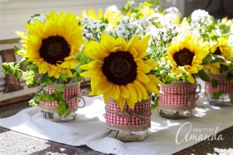 Mason Jar Centerpieces Sunflower Filled Jars Decorated With Burlap