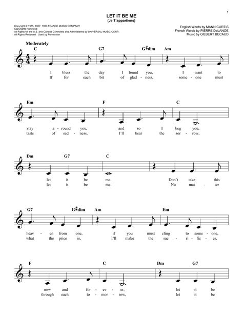 Let It Be Me Je Tappartiens Sheet Music Everly Brothers Easy