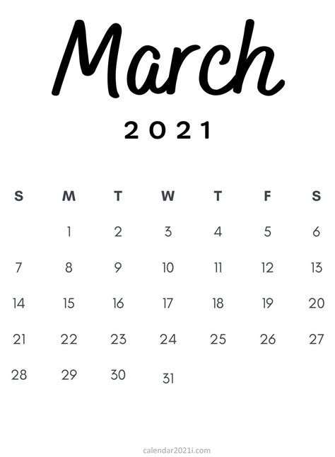 January 2021 calendar of the month: March 2021 Minimalist Calendar Template Free Download ...