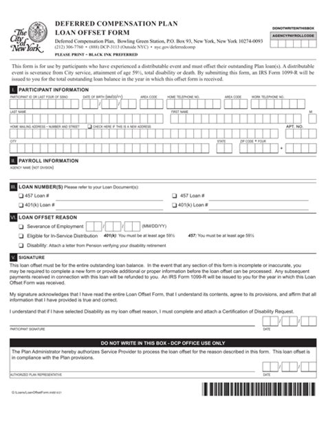 New York City Deferred Compensation Plan Loan Offset Form Fill Out