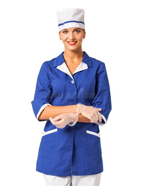 Beautiful Nurse In A Blue Suit Isolated On White Background Stock Photo