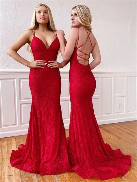 V Neck Mermaid Red Lace Long Prom Dresses Mermaid Lace Red Formal