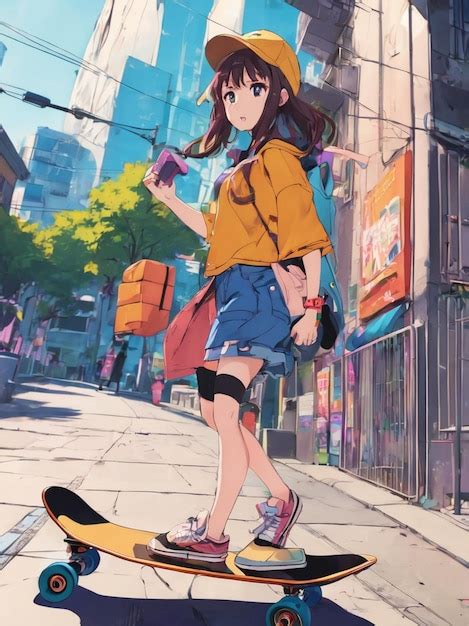 Premium Ai Image Cute Anime Girl Skateboarding At Street